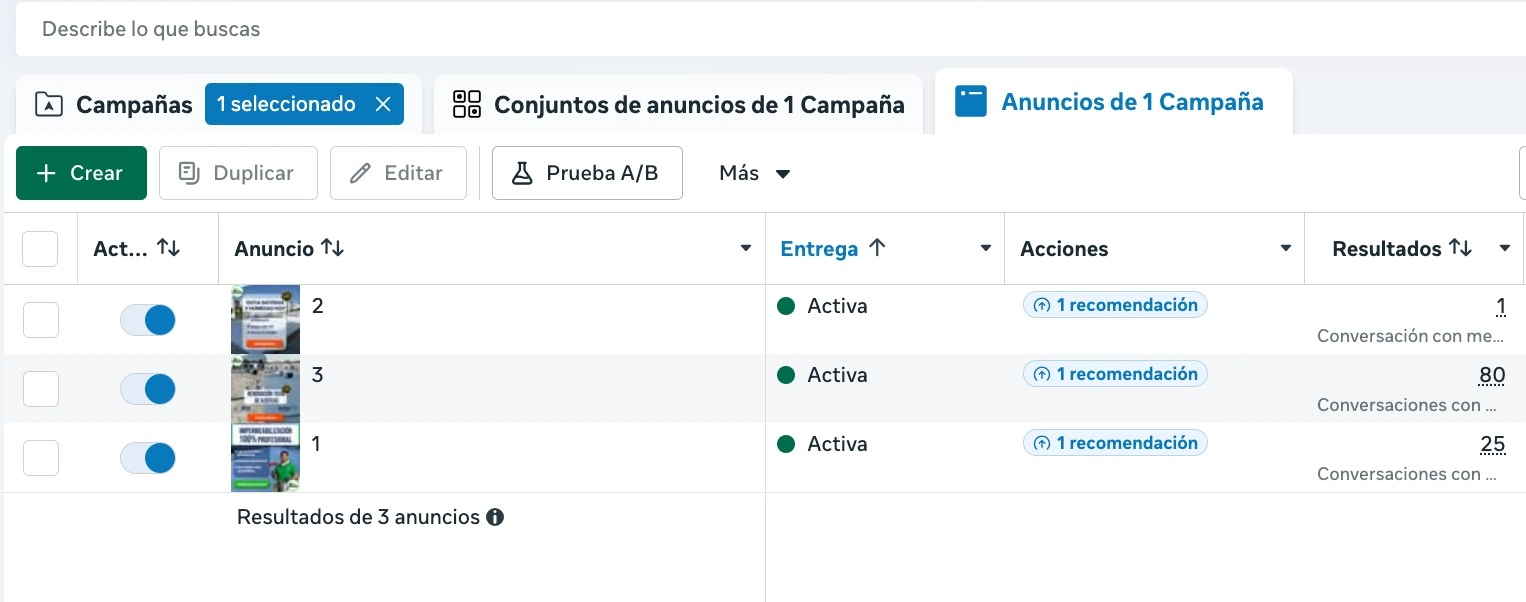 Resultados de campaña de impermeabilización en Facebook Ads